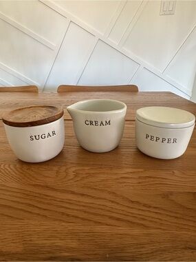 Magnolia Hearth & Hand Stoneware Creamer, Sugar Jar & Pepper Cellar Set